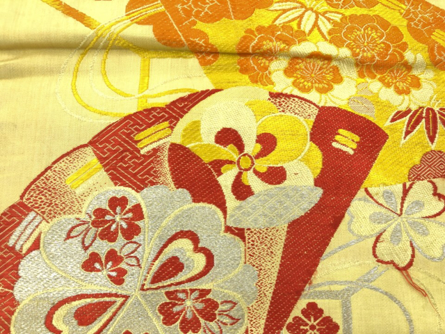 JAPANESE KIMONO / ANTIQUE NAGOYA OBI / WOVEN FAN WITH FLOWER